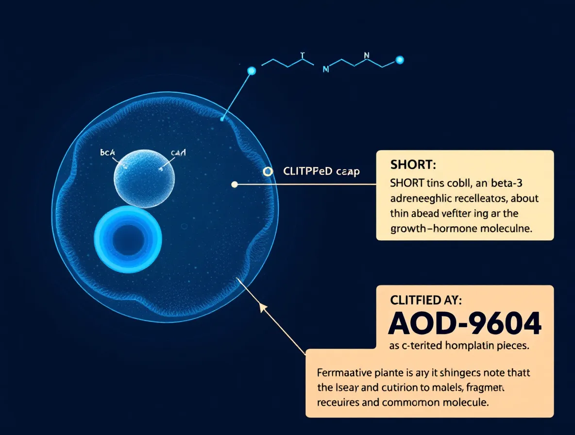 An adipocyte with a shrinking lipid droplet and beta-3 receptor nodes beside a short clipped peptide fragment that leaves a growth-hormone receptor cradle unengaged, in cobalt on near-black navy